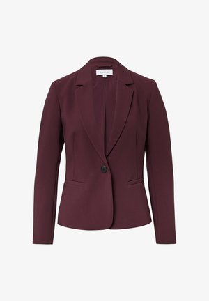 Burgundy tailored blazer made from smooth fabric, featuring a single button closure, notched lapels, and side pockets.