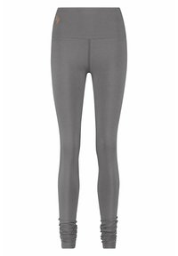 Graue Leggings aus elastischem Material, mit einem hohen Taillenbund und einem rüschendetail am Knöchel. Verziert mit dezentem Logo-Stick.