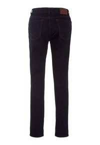 Mörkblå jeans med slim fit, som har två bakfickor, kontrasterande sömmar och en läderpatch i midjan. Slät textur.