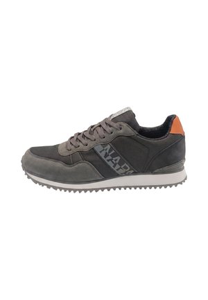 Low-top gray sneaker with lace-up design, black side panel with "NAPAPI" text, and small orange heel accent. White sole with textured tread.