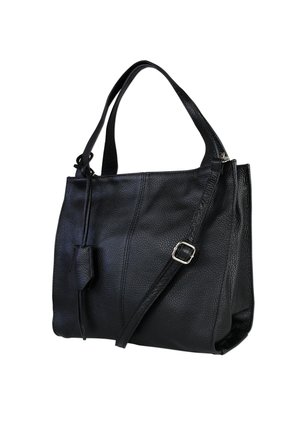 Sac fourre-tout en cuir noir avec finition texturée, poignées doubles, bandoulière réglable et fermeture éclair. Présente des détails cousus et un petit pendentif.