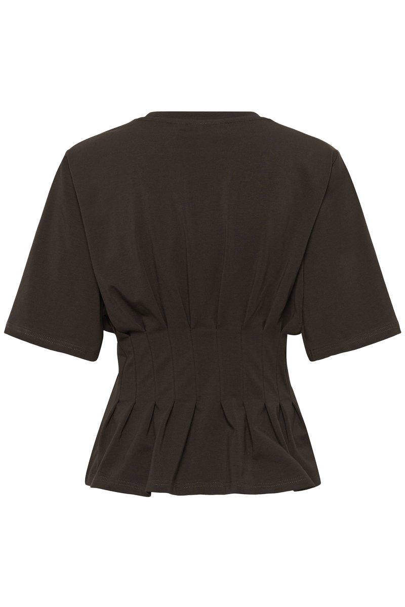 Haut court marron foncé à manches courtes avec un col rond, présentant des détails de taille plissée et un ourlet légèrement évasé pour la forme.