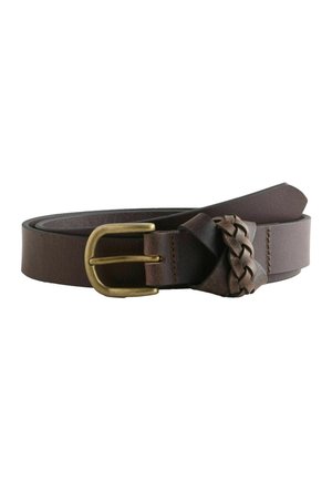 Brown leather belt with brass buckle and braided leather detail near the fastening, coiled flat against a white background.