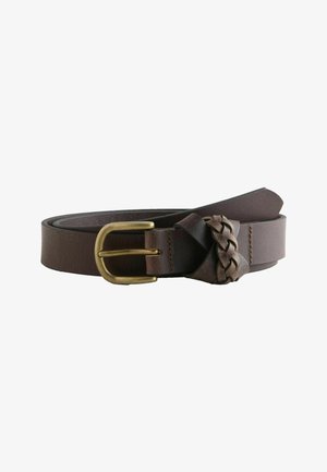 Brown leather belt with brass buckle and braided leather detail near the fastening, coiled flat against a white background.
