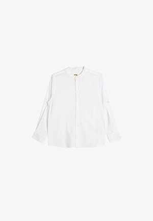 Hvid langærmet skjorte lavet af let stof, med en mandarin-krave, frontknapper og opsmøgte ærmer med knapdetaljer.