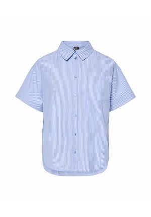 Camicetta a maniche corte con un motivo a righe blu e bianche, con una tasca sul petto e un orlo arrotondato. Tessuto leggero.