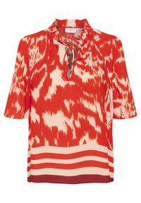 Blusa a maniche corte rossa e crema con un motivo a fantasia, colletto arricciato, dettaglio a chiave sulla scollatura e strisce orizzontali sull'orlo.