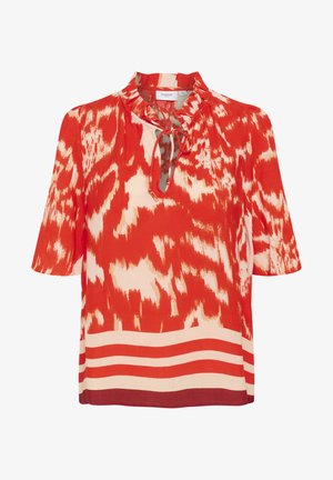 Rood en crèmekleurig geblokt kortmouwen blouse met een gerimpelde kraag, een keyhole-detail bij de halslijn en horizontale strepen aan de zoom.