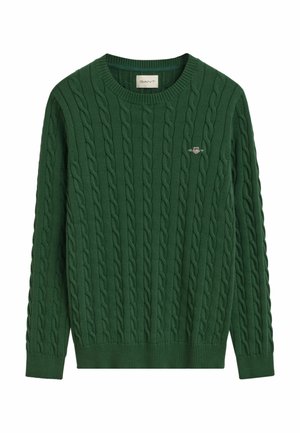 Maglione verde a trecce con scollatura tonda, orlo e polsini a coste, con un piccolo logo ricamato sul petto.