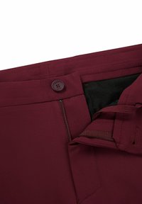 Bordowe spodnie z zapięciem na guzik i zamek, o gładkiej teksturze materiału i wzmocnionych szwach. Widoczna czarna podszewka.