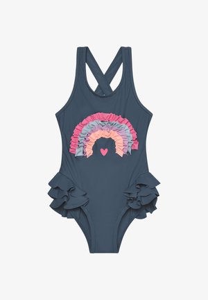 Mørkeblå badedragt med krydsede rygstropper, flæsedetaljer og et regnbuedesign lavet af lagdelte pastelfarver. Inkluderer hjertedetalje.