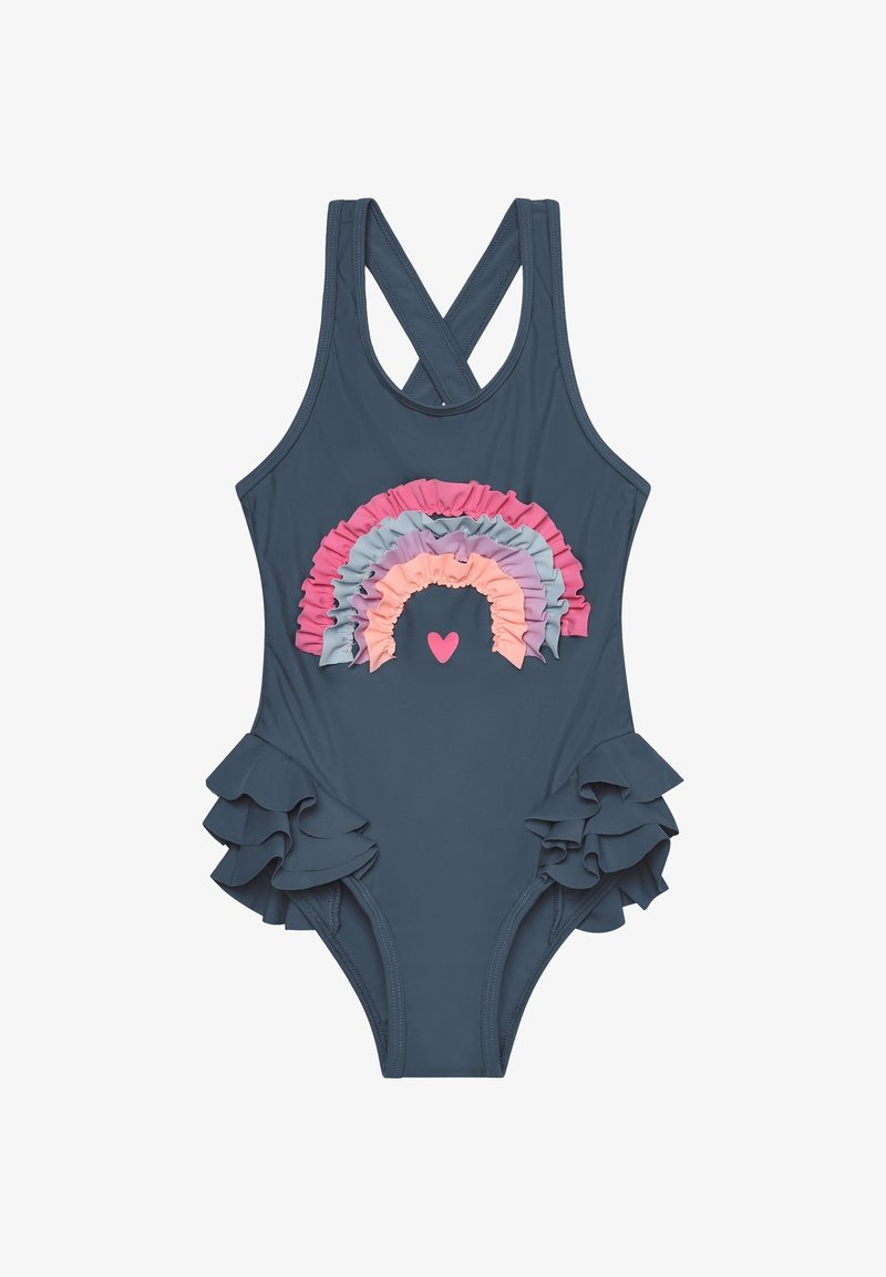 Maillot de bain une pièce bleu foncé avec bretelles croisées dans le dos, accents à volants et motif arc-en-ciel composé de couches de couleurs pastel. Détail en forme de cœur inclus.