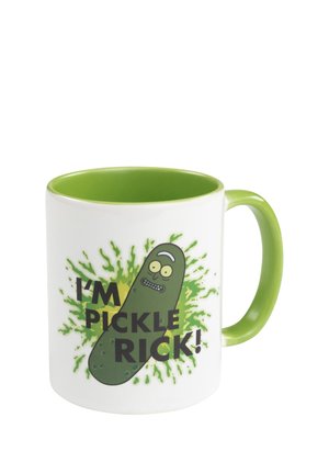 Weißer Becher mit grünem Innenbereich und Henkel, mit einer cartoonartigen Essiggurke und dem Text „I'M PICKLE RICK!“ vor grünem Spritzhintergrund.
