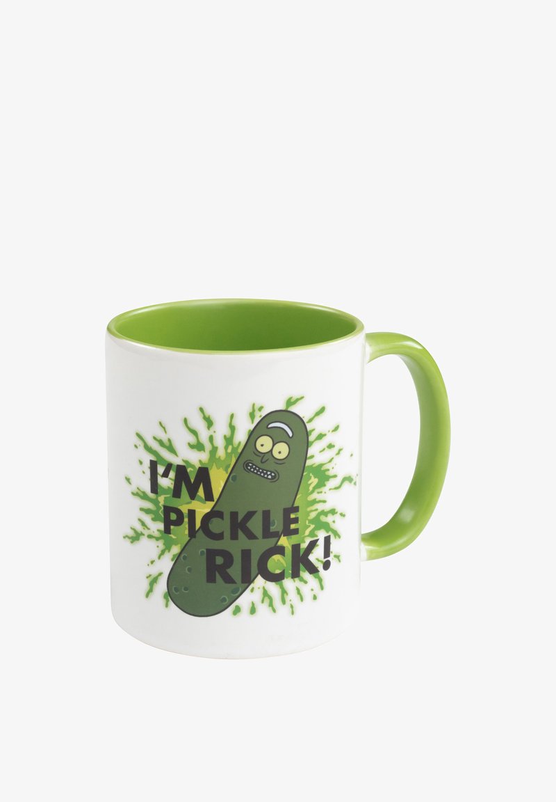 White mug with a green interior and handle, featuring a cartoon pickle character and the text "I'M PICKLE RICK!" with green splash background.
