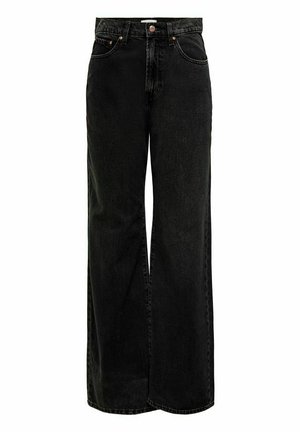 Jean noir à jambe large en denim, avec une taille haute, des poches avant et des détails de boutons en cuivre. Texture lisse avec une coupe classique.