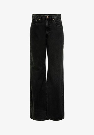 Jean noir à jambe large en denim, avec une taille haute, des poches avant et des détails de boutons en cuivre. Texture lisse avec une coupe classique.