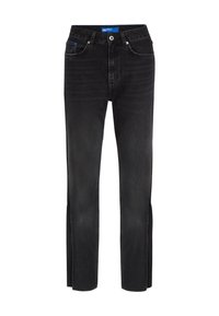 Svarte denimjeans med rett ben-design, med sidesplitt nederst, blå sømdetaljer og knappelukking foran.