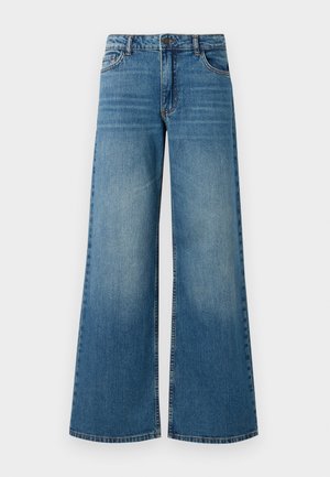 Bredde ben blå denim jeans med falmet finish, fem-lomme design, og standard midjebånd med metallknapp og glidelås.
