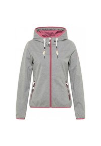 Sweat à capuche gris clair zippé avec doublure rose, fermeture éclair rose, cordons blancs avec perles et poches latérales zippées, vue de face.
