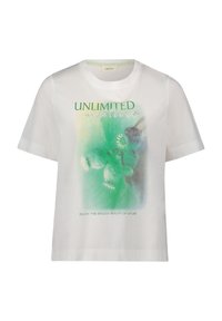Weißes Baumwoll-T-Shirt mit kurzen Ärmeln, ausgestattet mit einem grünen Grafikdruck und dem Text "UNLIMITED nature" sowie "GENIEßE DIE ENDLOSE SCHÖNHEIT DER NATUR."