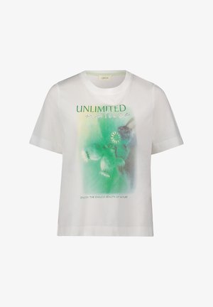 Weißes Baumwoll-T-Shirt mit kurzen Ärmeln, ausgestattet mit einem grünen Grafikdruck und dem Text "UNLIMITED nature" sowie "GENIEßE DIE ENDLOSE SCHÖNHEIT DER NATUR."