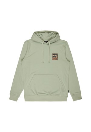 Light green hoodie with front pocket, drawstring hood, and small square patch with wave design on the left chest.