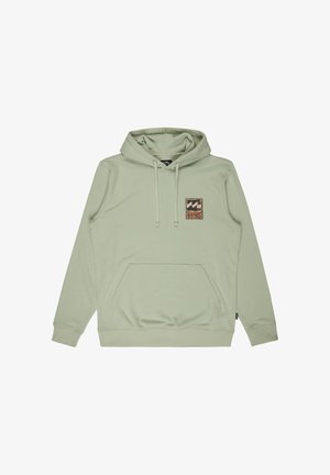 Light green hoodie with front pocket, drawstring hood, and small square patch with wave design on the left chest.