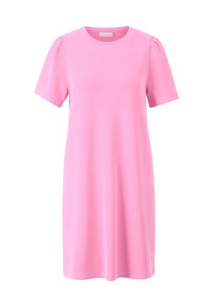 Short pink dress made of soft fabric. Features short puff sleeves and a round neckline. Straight cut, knee-length design.