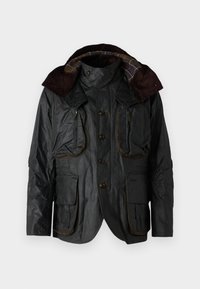 Dunkel gewachste Baumwolljacke mit braunem Cordkragen, mehreren Vordertaschen, Knopf- und Reißverschluss und kariertem Innenfutter.