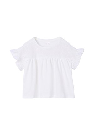 White short-sleeve blouse with eyelet floral embroidery on yoke and ruffled sleeves, loose fit, round neckline.