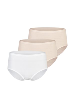 Drei Damen-Slips mit hohem Bund, zwei in Beige und einer in Weiß, vor weißem Hintergrund gezeigt, Vorder- und Seitenansichten sichtbar.