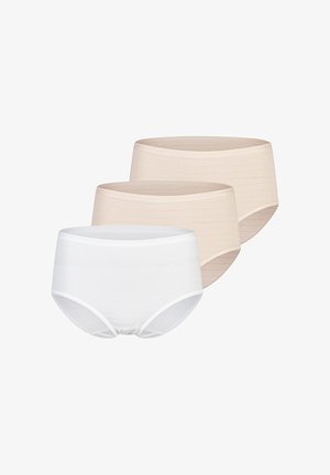 Drei Damen-Slips mit hohem Bund, zwei in Beige und einer in Weiß, vor weißem Hintergrund gezeigt, Vorder- und Seitenansichten sichtbar.