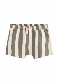 Shorts rayés au texture douce, avec des rayures grises et roses alternées, une taille élastique et un détail noué à l'avant.