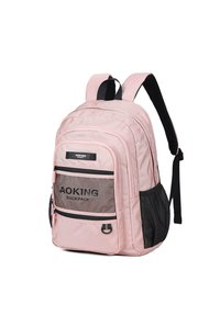 Zaino rosa con forma rettangolare, tessuto resistente, molteplici tasche con zip, dettagli in rete e spallacci neri imbottiti.