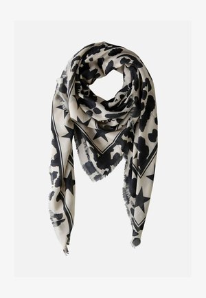 Schwarz-weißer Leopardenmuster-Schal mit schwarzen Sternen entlang der Ränder, locker gefaltet mit ausgefransen Kanten auf einem schlichten Hintergrund.