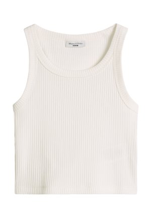 Weißes, geripptes ärmelloses Crop-Top mit rundem Ausschnitt und Marc O'Polo Denim Etikett im Innenkragen.