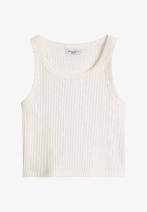 Weißes, geripptes ärmelloses Crop-Top mit rundem Ausschnitt und Marc O'Polo Denim Etikett im Innenkragen.