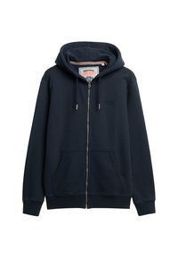 Marineblå zip-up hættetrøje lavet af en bomuldsblanding, har en snoretrækshætte, to frontlommer og et logo på brystet. Ribbet manchetter og bund.
