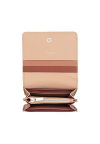 Compact wallet in tan and burgundy leather. Features a snap closure, card slots, and a zippered compartment for coins. Smooth texture.