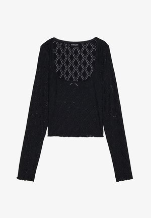 Fekete, hosszú ujjú, cropped top, texturált csipkéből készült, gyémánt mintával és kerek nyakkivágással. Raffordott szegélyek jellemzik.