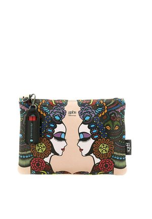 Piccolo astuccio con volti artistici di donne a specchio, motivi floreali colorati e disegni intricati nei capelli, e una linguetta della cerniera nera con dettaglio rosso.