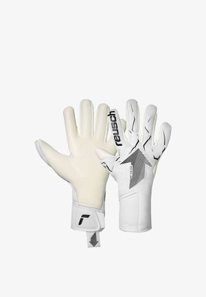 Paar witte keepershandschoenen met zwarte accenten; één toont de handpalm en de andere de achterkant met "reusch"-branding en een polsband.