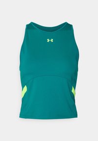 Atletyczny top na ramiączkach w kolorze morskim z zaokrąglonym dekoltem, kontrastującymi żółtymi akcentami po bokach oraz panelami z siateczki dla lepszej wentylacji.