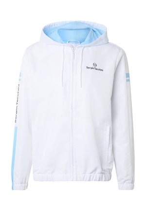 Biała bluza z zamkiem, z jasnoniebieską podszewką, elastycznymi mankietami i dołem, logo Sergio Tacchini na piersi i rękawie oraz kieszeniami po bokach.