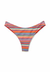 Bikiniunderdel med flera färger och ränder som har horisontella linjer i nyanser av blått, rött, gult och grönt, med låg midja och sömlösa kanter.