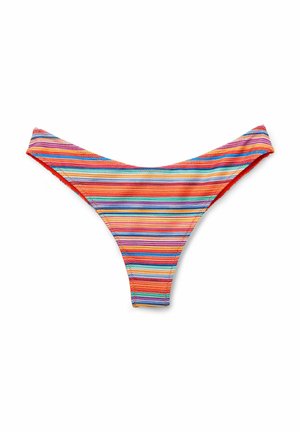 Bunt gestreiftes Bikiniunterteil mit horizontalen Linien in Blau-, Rot-, Gelb- und Grüntönen, im Low-Rise-Design und nahtlosen Kanten.