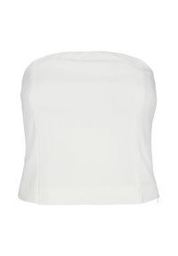Top blanco sin tirantes con una textura suave y mate y escote recto. Diseño ajustado con lados rectos y un dobladillo limpio.