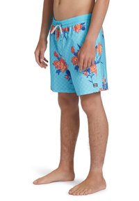 Costum de baie turcoaz cu un model floral în nuanțe de portocaliu și albastru. Talie elastică cu șnur. Țesătură ușoară, design până la genunchi.