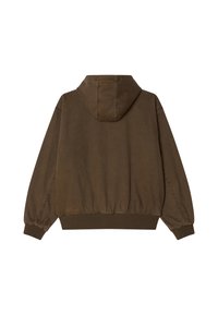 Sudadera con capucha marrón de corte relajado, con puños y cinturilla elásticos, que presenta una textura suave y un detalle mínimo en la parte trasera.