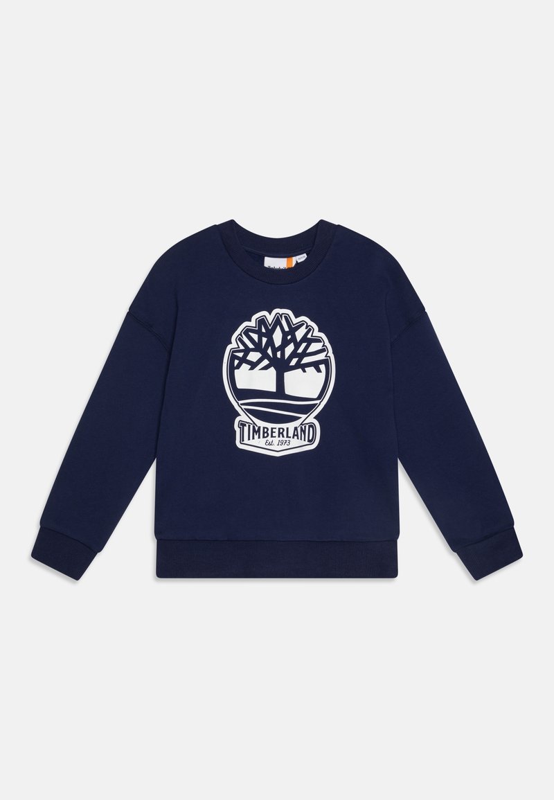 Sweat-shirt Timberland bleu marine à manches longues, avec poignets et ourlet côtelés, arborant un logo arbre blanc et le texte Timberland sur le devant.